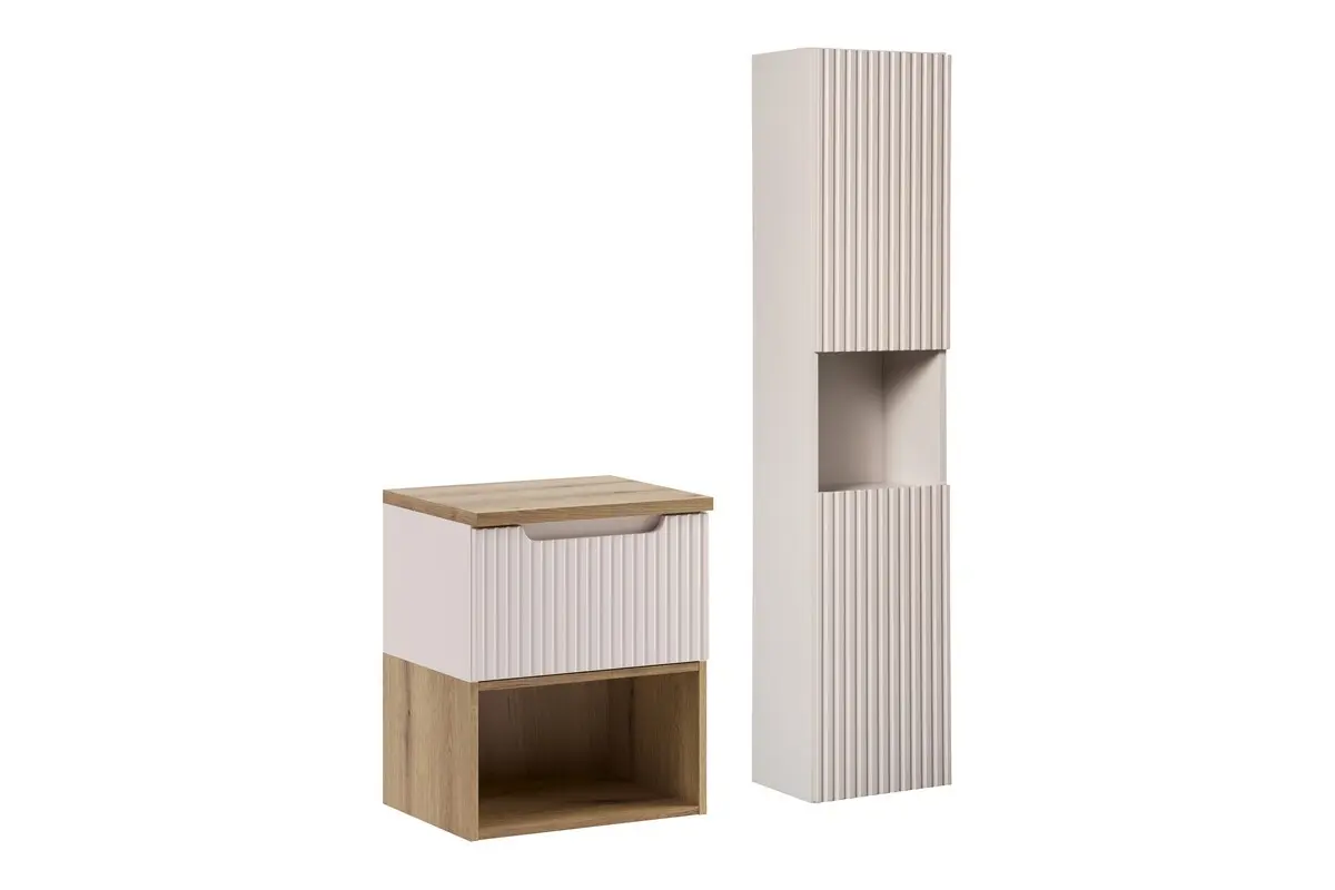 Comad Koupelnová sestava Nova Cashmere II s deskou, regálem a skříňkami 50 cm kašmírová/dub coast evoke