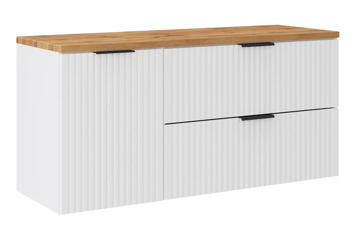 Comad Závěsná skříňka pod umyvadlo Casad s deskou a košem na prádlo 120 cm bílá/dub wotan