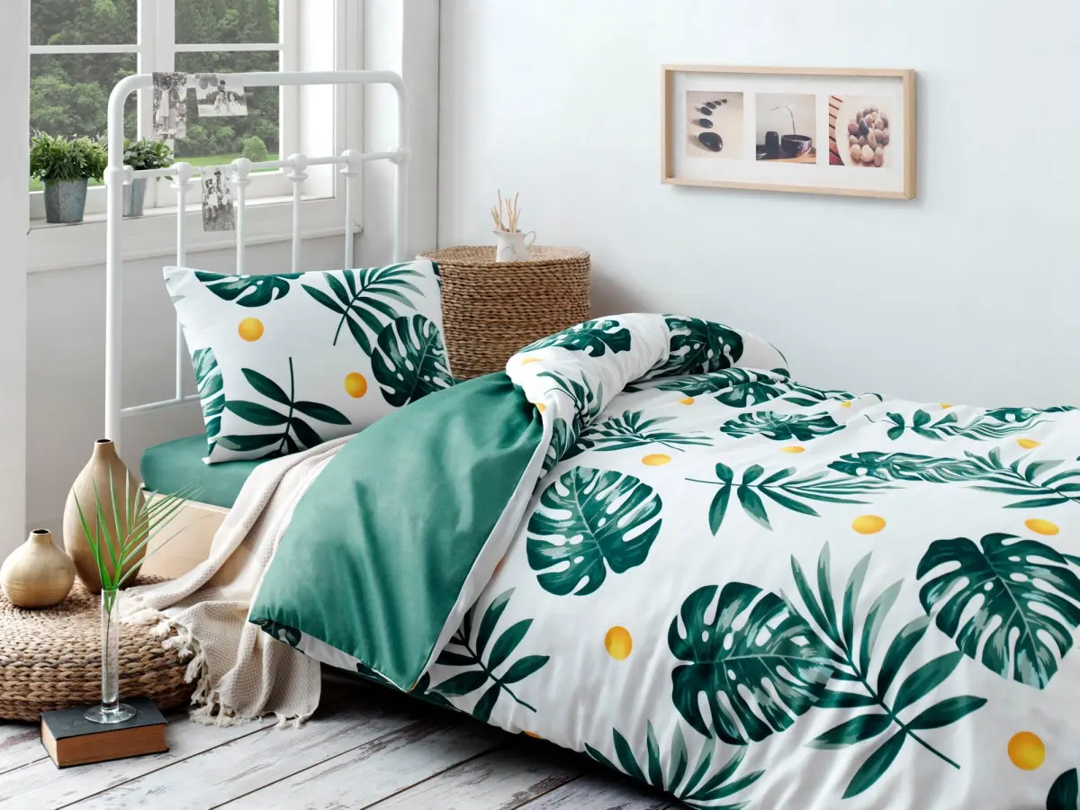 L'essentiel Sada 3 ks bavlněného povlečení Monstera 160x240 cm + 50x70 cm zelená