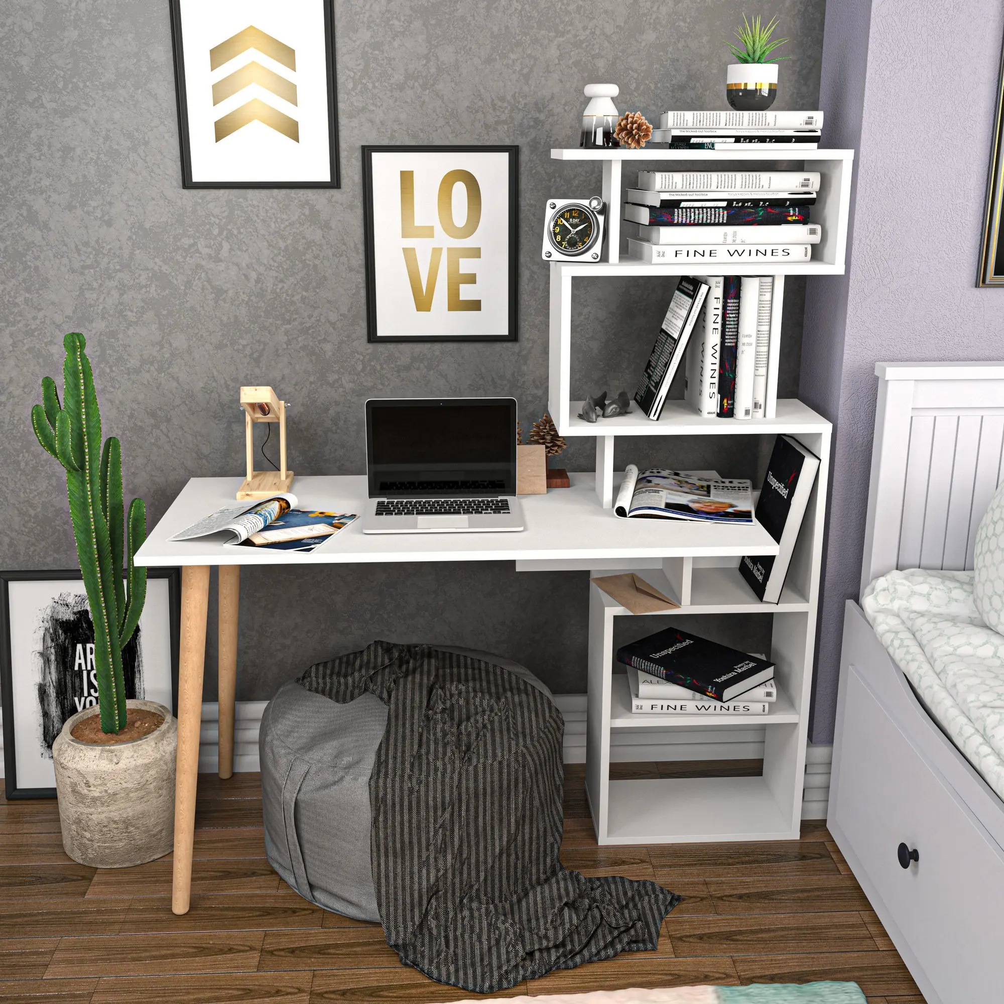 Kalune Design Psací stůl VINA s vestavěnou knihovnou bílý