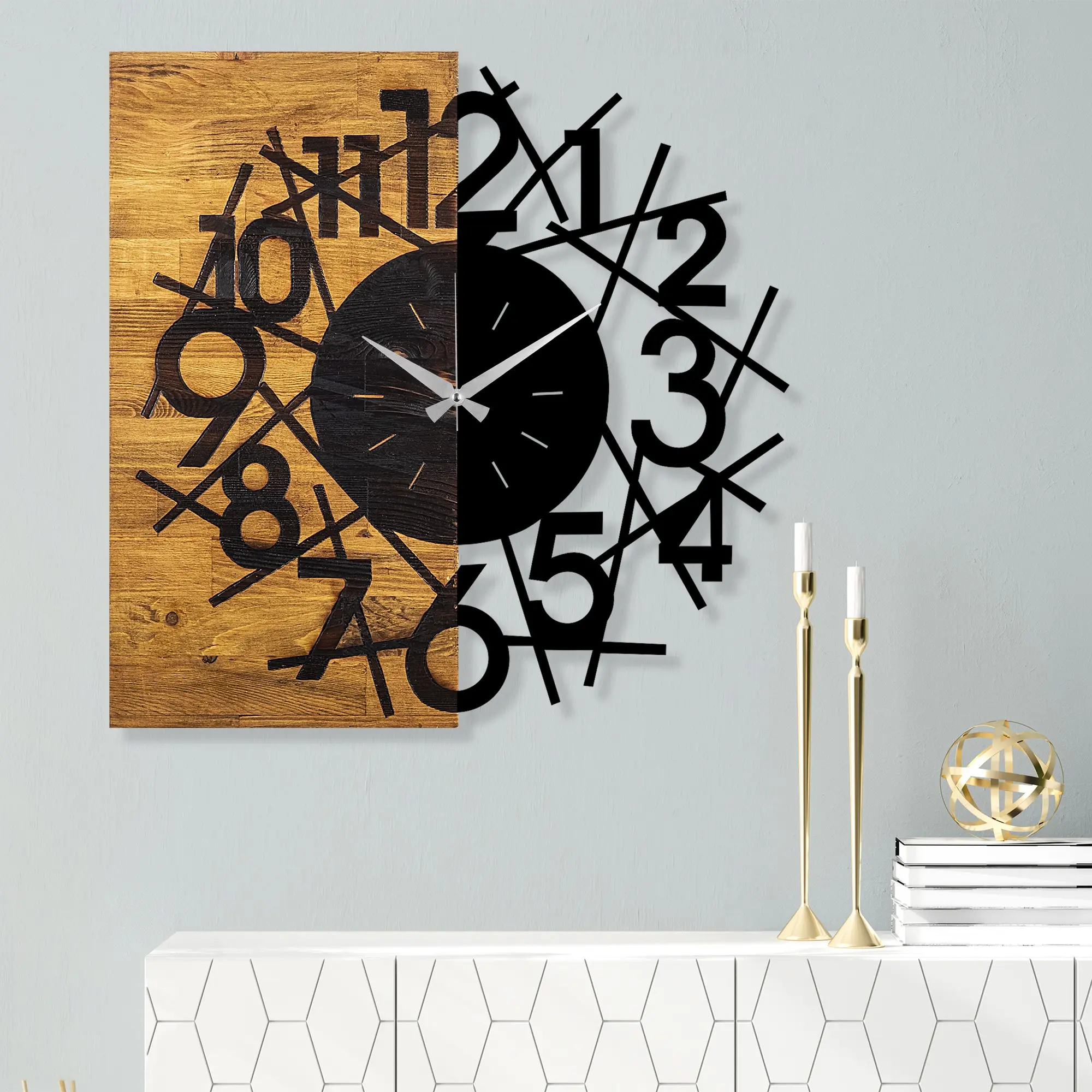 Wallity Nástěnné dekorativní hodiny WALLIE I. 58 cm ořech/černá