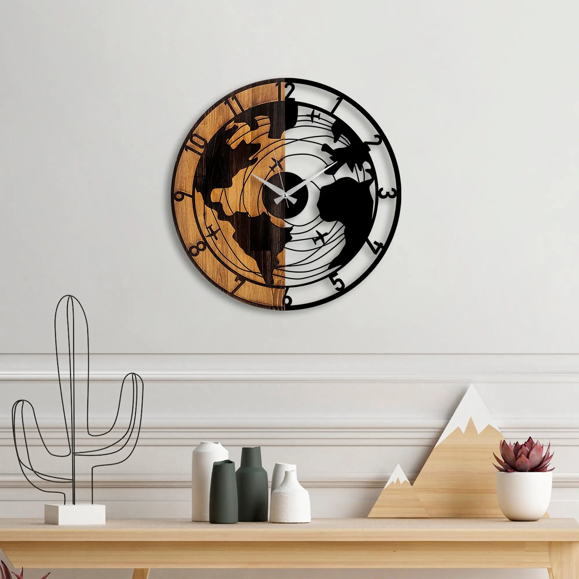 Wallity Dekorativní nástěnné hodiny WALLIE WOODEN WORLD MAP 56 cm ořech/černé