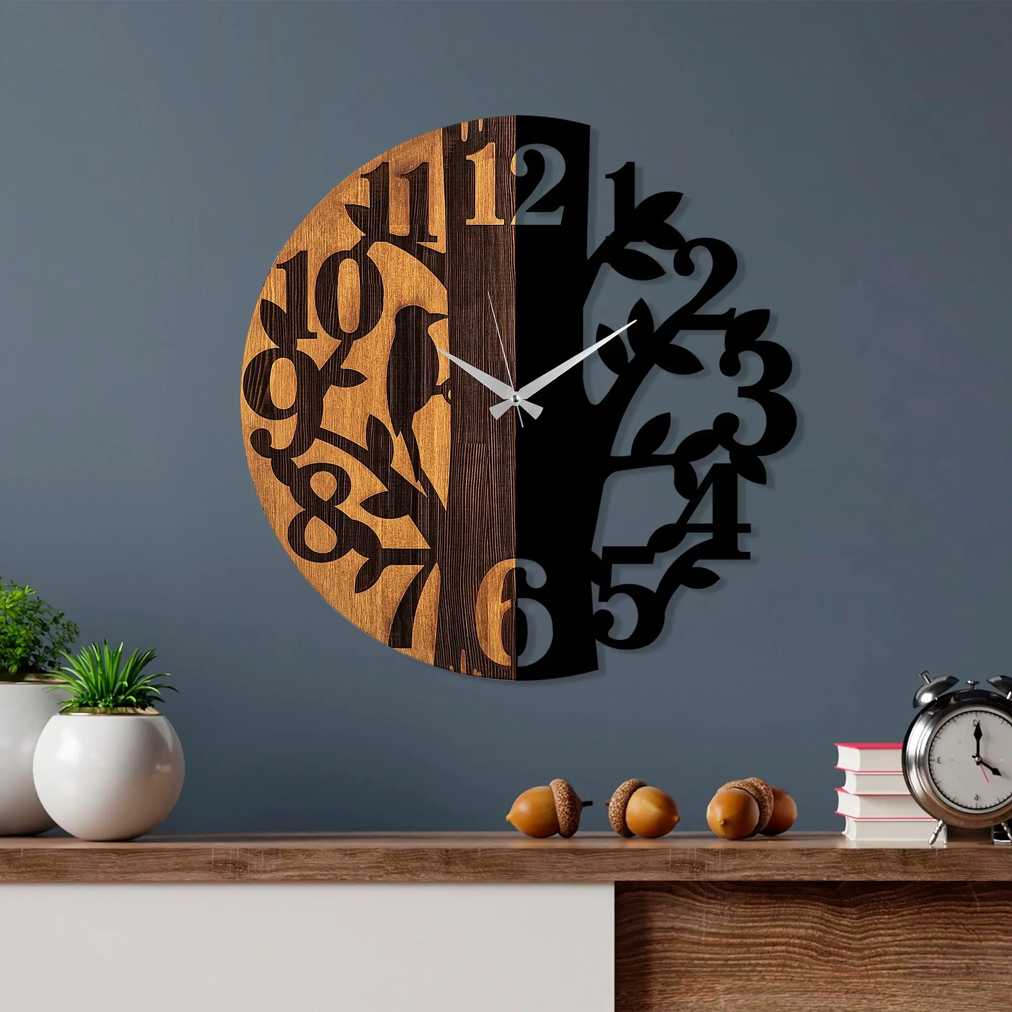Wallity Dekorativní nástěnné hodiny WALLIE TREE 56 cm černé/ořech
