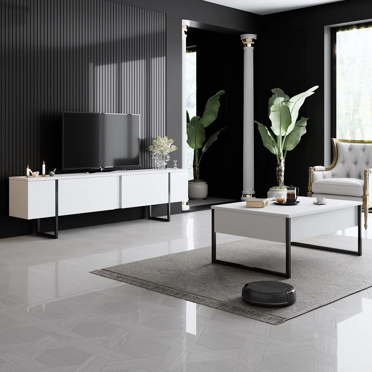 Kalune Design Sada nábytku do obývacího pokoje Luxe bílá/černá II