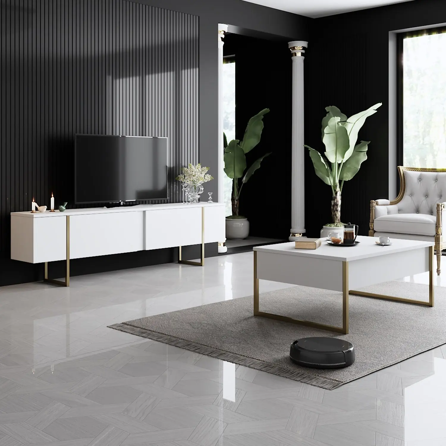 Kalune Design Sada nábytku do obývacího pokoje Luxe bílá/zlatá II