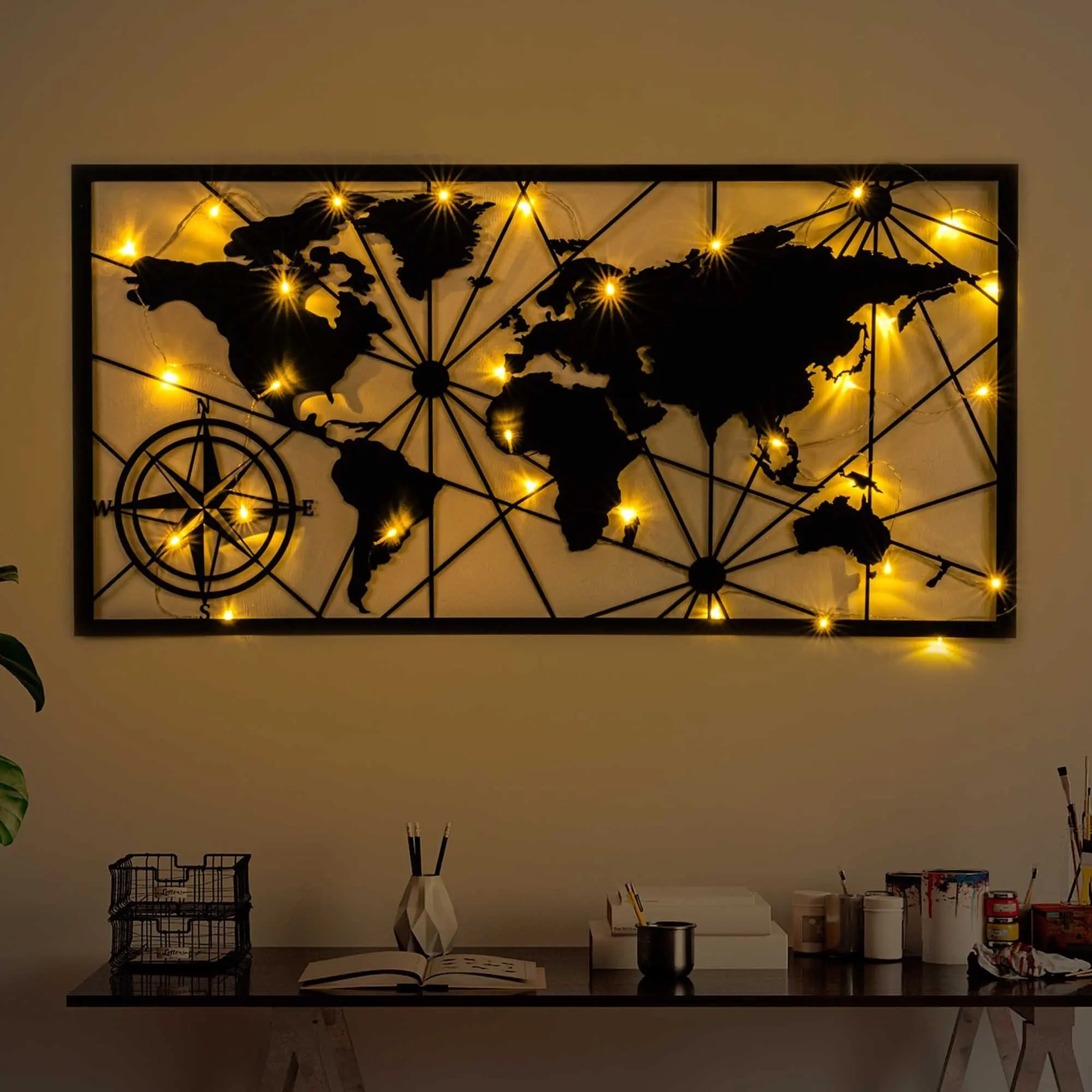 Wallity Nástěnná kovová dekorace World Map Led 452 černá