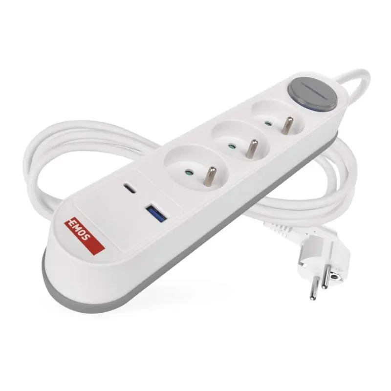 EMOS Prodlužovací kabel s vypínačem, 3 zásuvkami a USB 1,5 mm² WALKER 2 m bílý