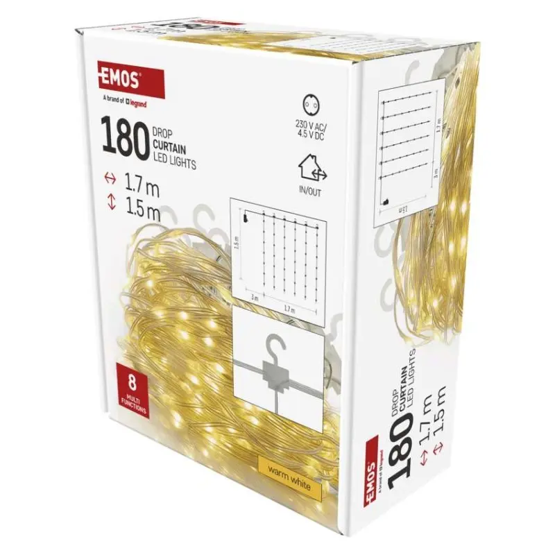 EMOS LED vánoční nano řetěz – záclona, 1,7x1,5 m, venkovní i vnitřní, teplá bílá, programy D3EW02