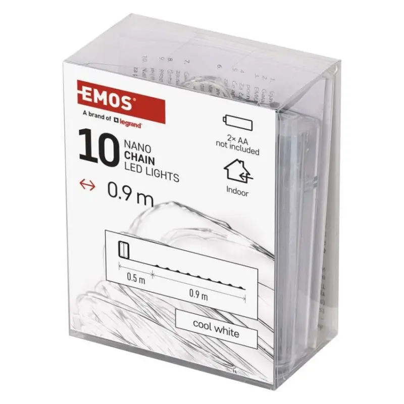 EMOS LED vánoční nano řetěz stříbrný, 0,9 m, 2x AA, vnitřní, studená bílá, časovač D3AC06