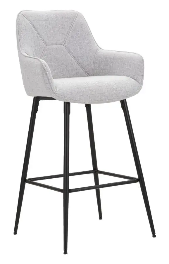 Estila Moderní barová židle Eli s černými kovovými nožičkami a šedým látkovým čalouněním s geometrickým vzorem 109 cm
