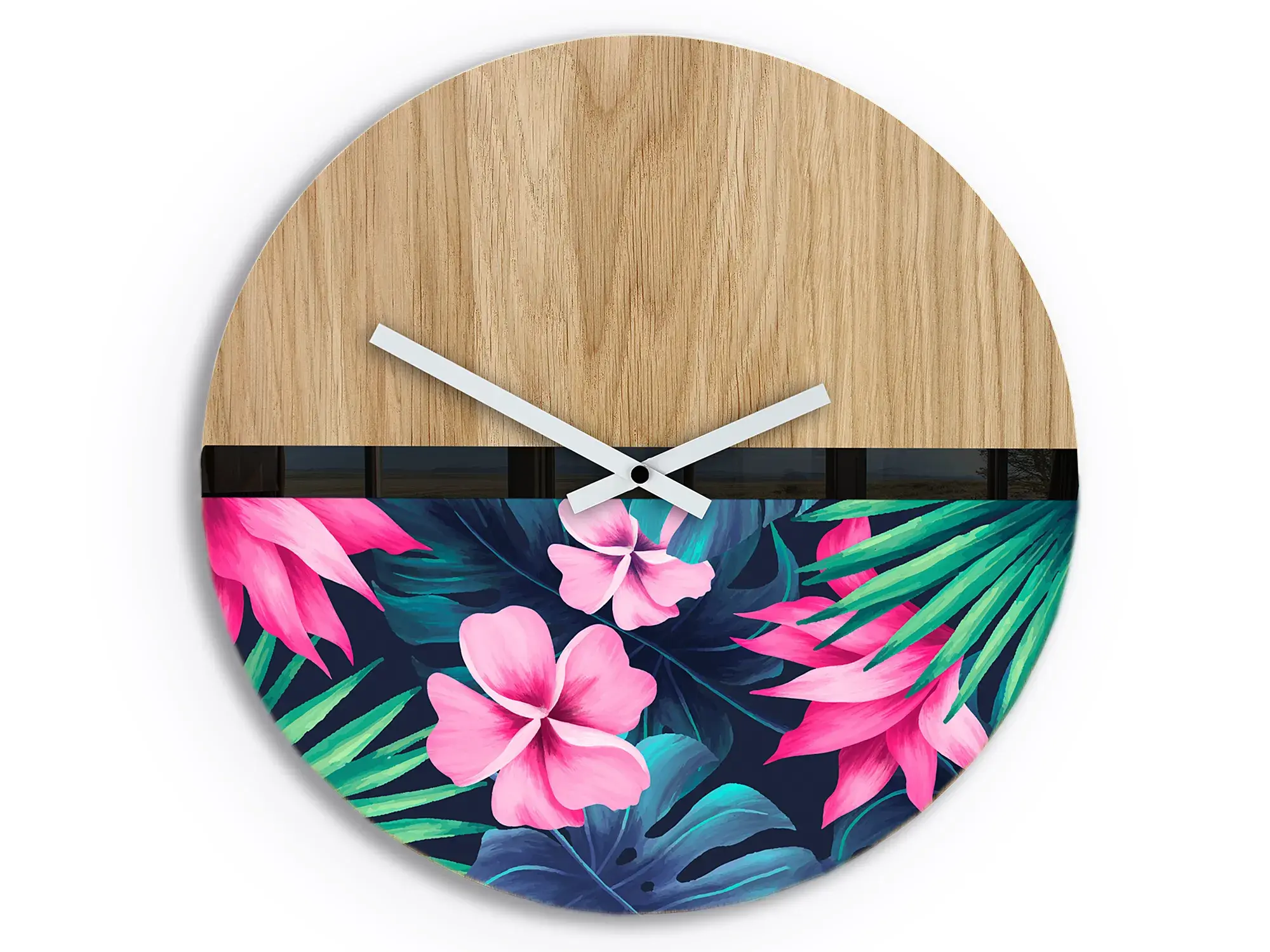 ModernClock Dřevěné nástěnné hodiny Flower 33 cm dub přírodní/růžové