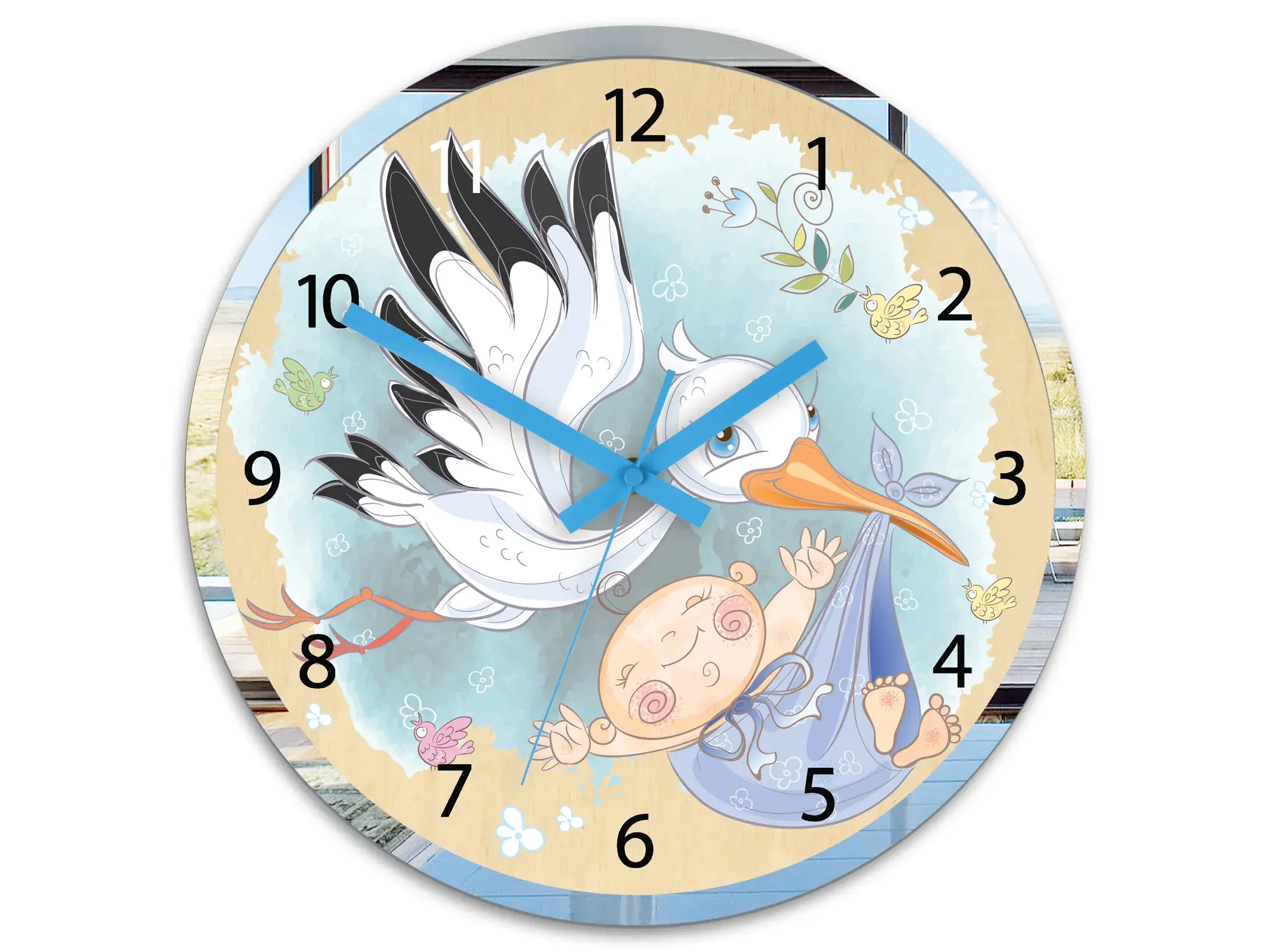 ModernClock Dětské nástěnné hodiny Mirro Čáp 30 cm vícebarevné
