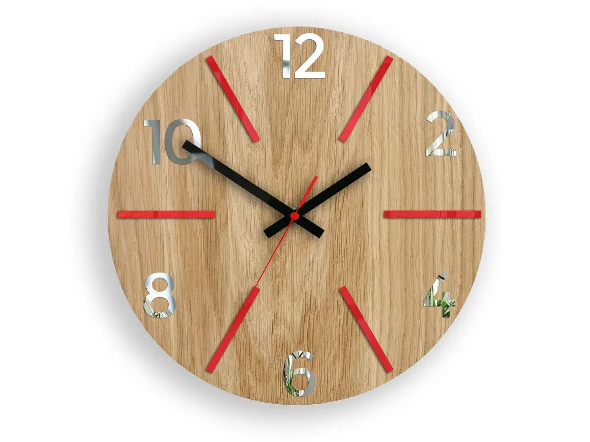 ModernClock Nástěnné hodiny Aksel Wood červeno-zrcadlové