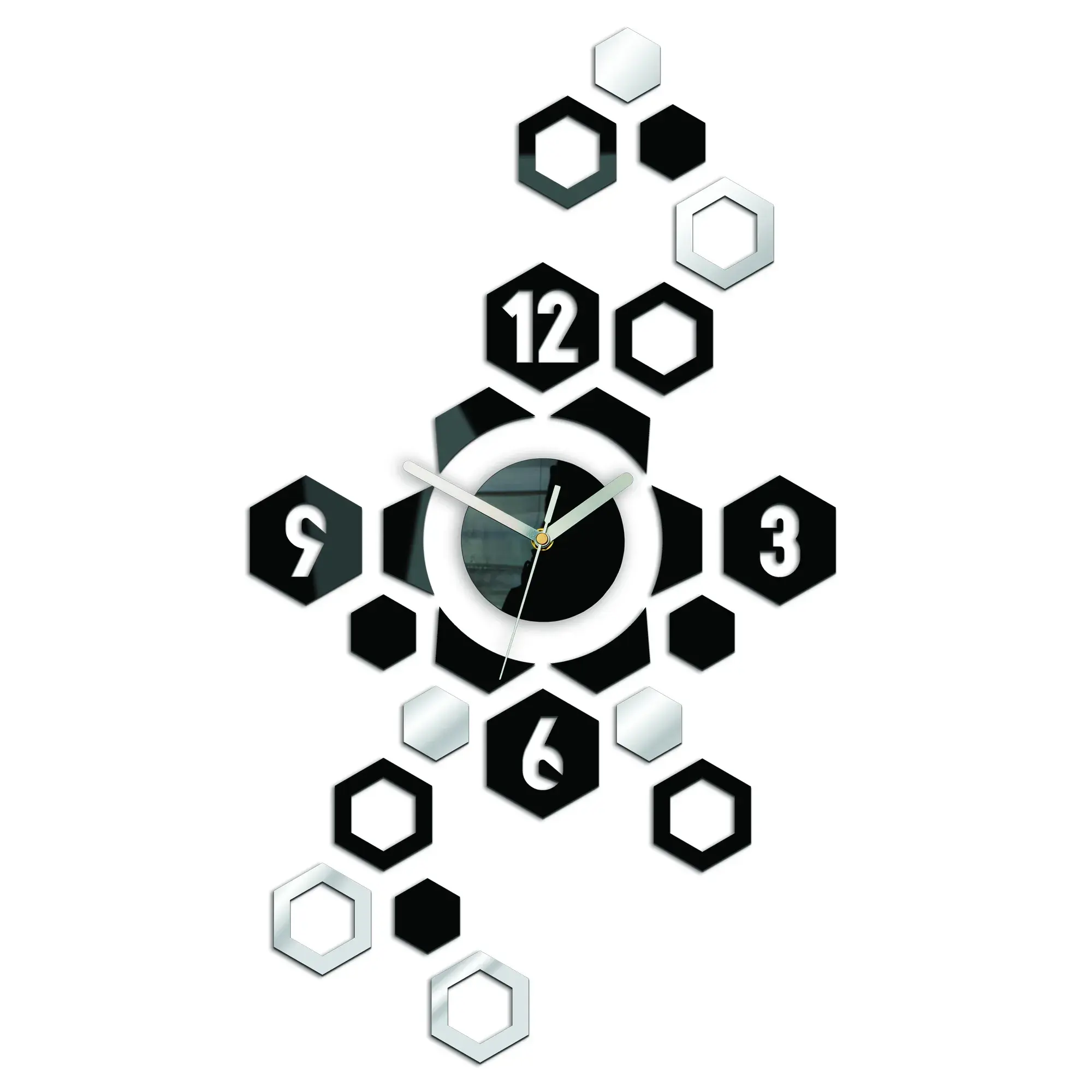 ModernClock 3D nalepovací hodiny Hexagon černo-zrcadlové