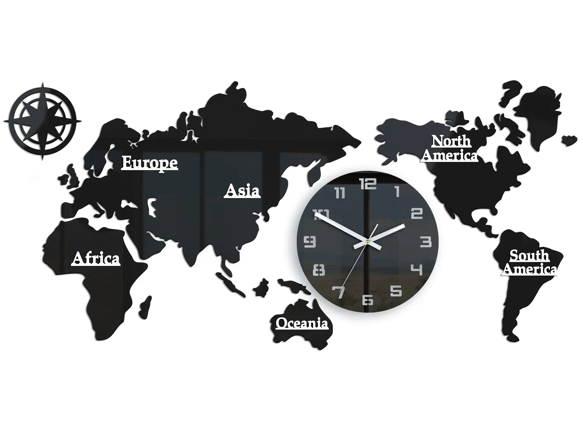 ModernClock Nástěnné samolepící hodiny Mapa světa 110x55 cm černé