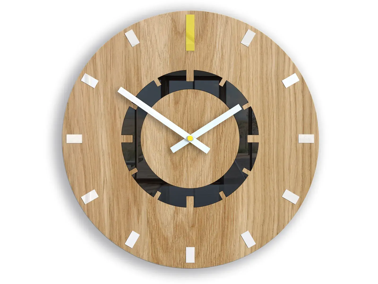 ModernClock Dřevěné nástěnné hodiny Atena 33 cm žluté/bílé