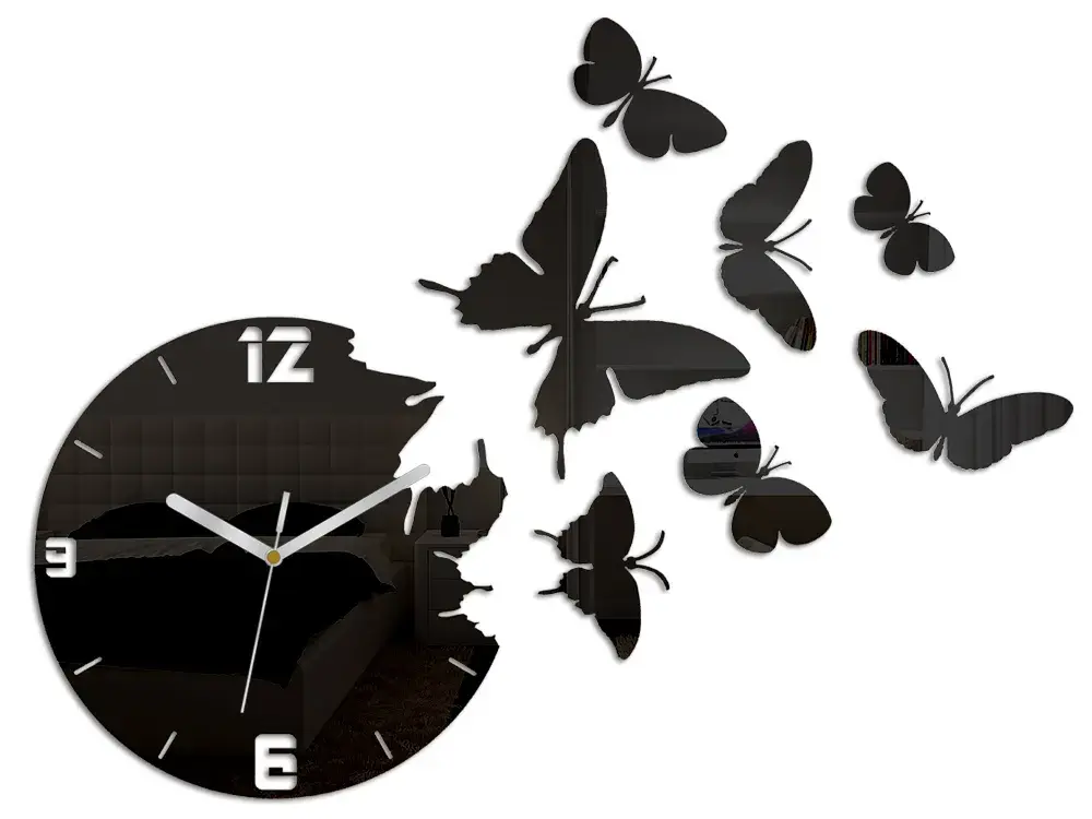 ModernClock Nástěnné samolepící hodiny Motýl 28 cm černé