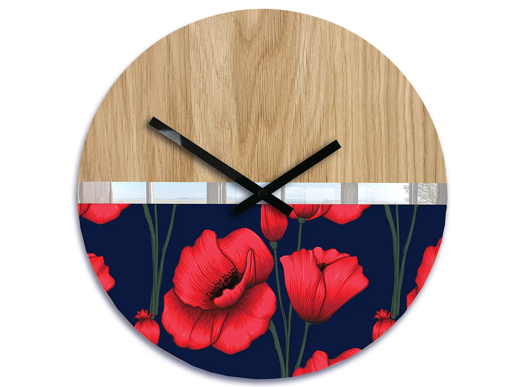 ModernClock Dřevěné nástěnné hodiny Máky 33 cm dub přírodní/červené