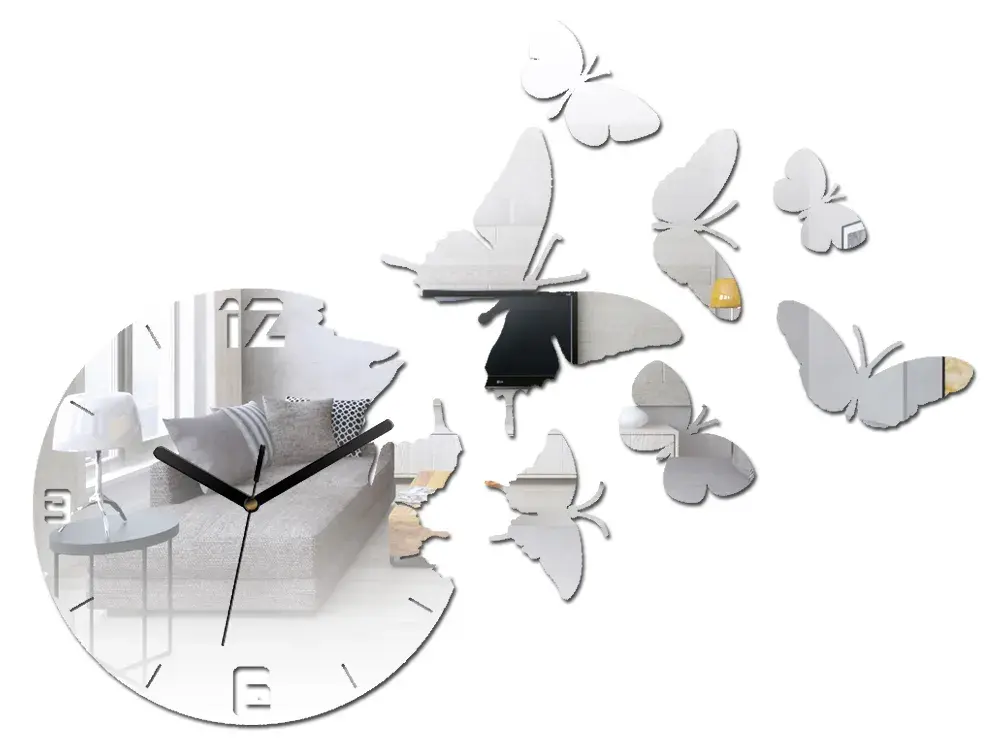 ModernClock Nástěnné samolepící hodiny Motýl 28 cm zrcadlové