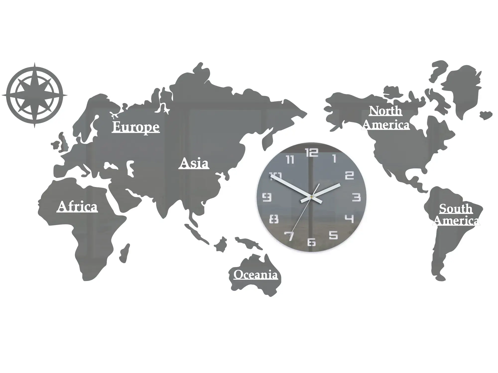 ModernClock Nástěnné samolepící hodiny Mapa světa 110x55 cm šedé