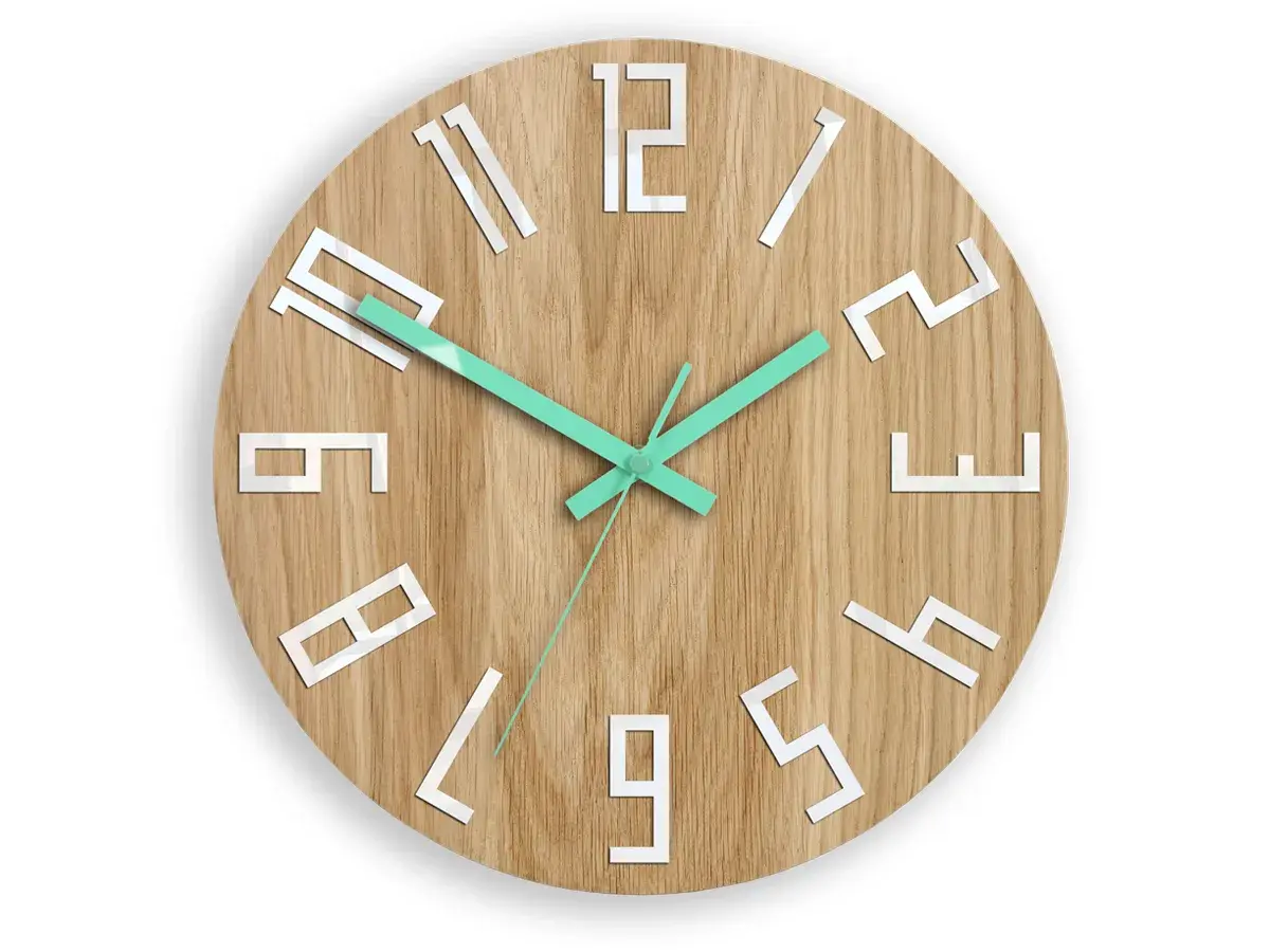 ModernClock Dřevěné nástěnné hodiny Slim 33 cm bílé/mint/hnědé