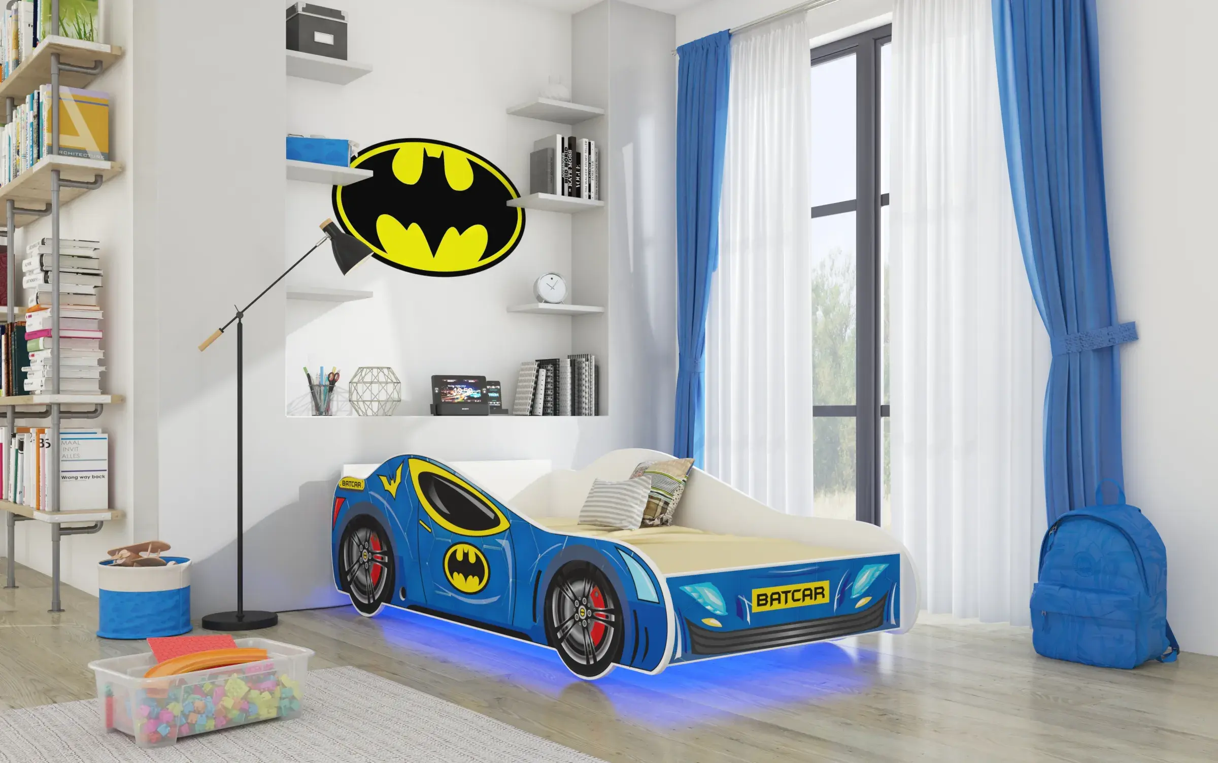 ADRK Dětská postel s LED osvětlením a matrací Karly Batcar 140x70 modrá