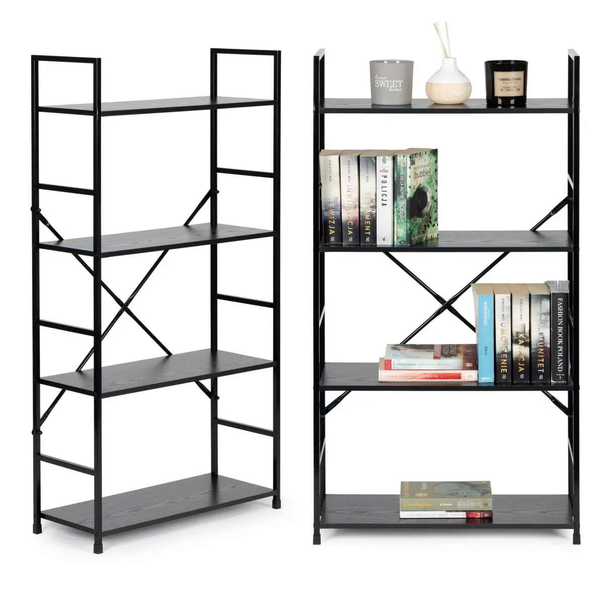 MODERNHOME Dřevěný regál s kovovým rámem Loft 4 police černý