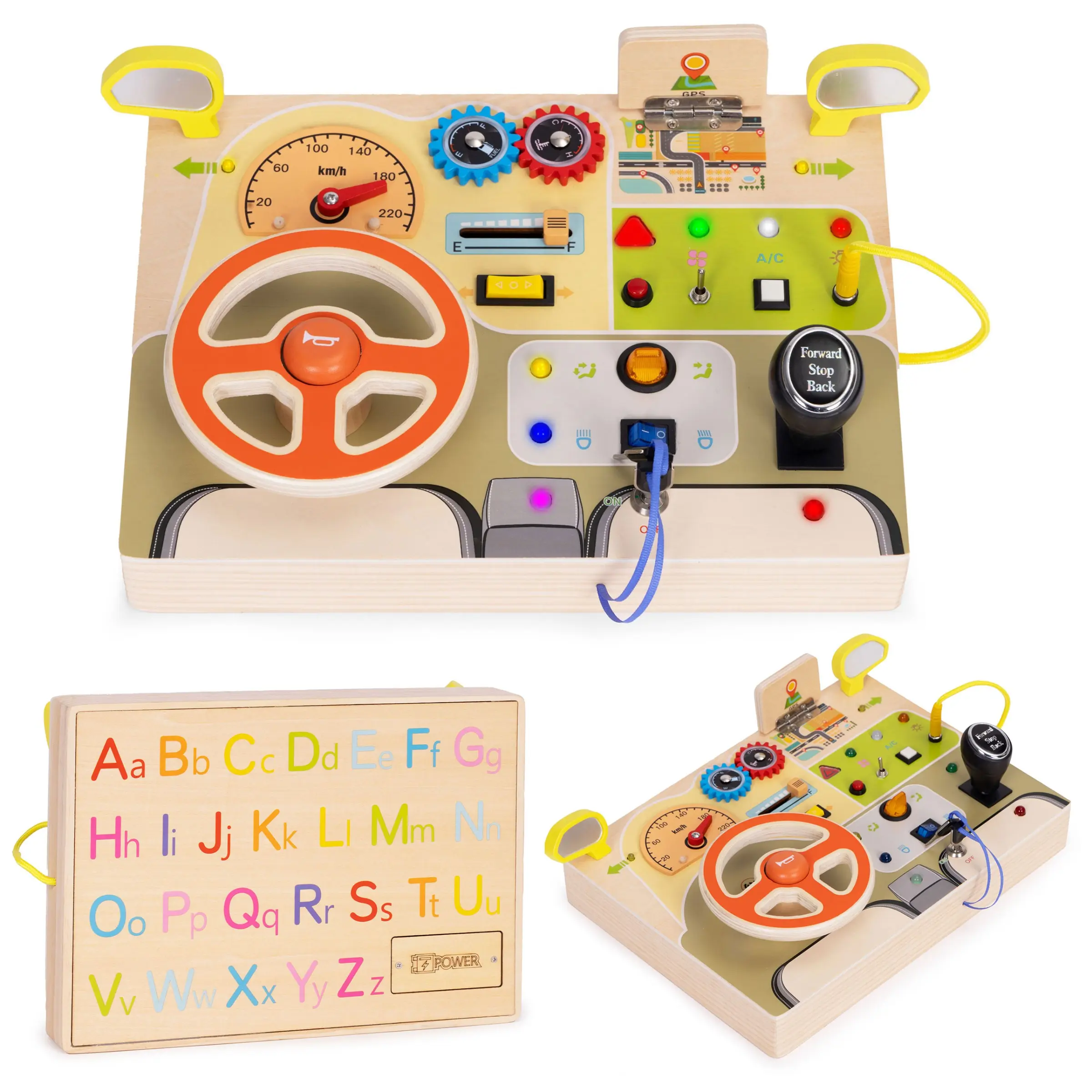 Dřevěná tabule LED sensorická pro děti panel edukacyjny auto volant 14 elementů