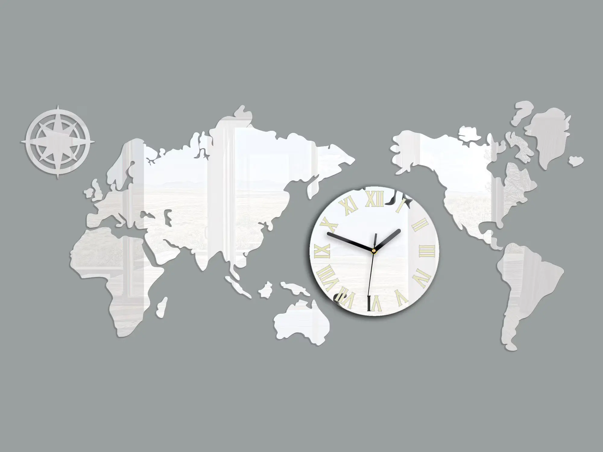 ModernClock Nástěnné samolepící hodiny Mapas 110x55 cm zrcadlové