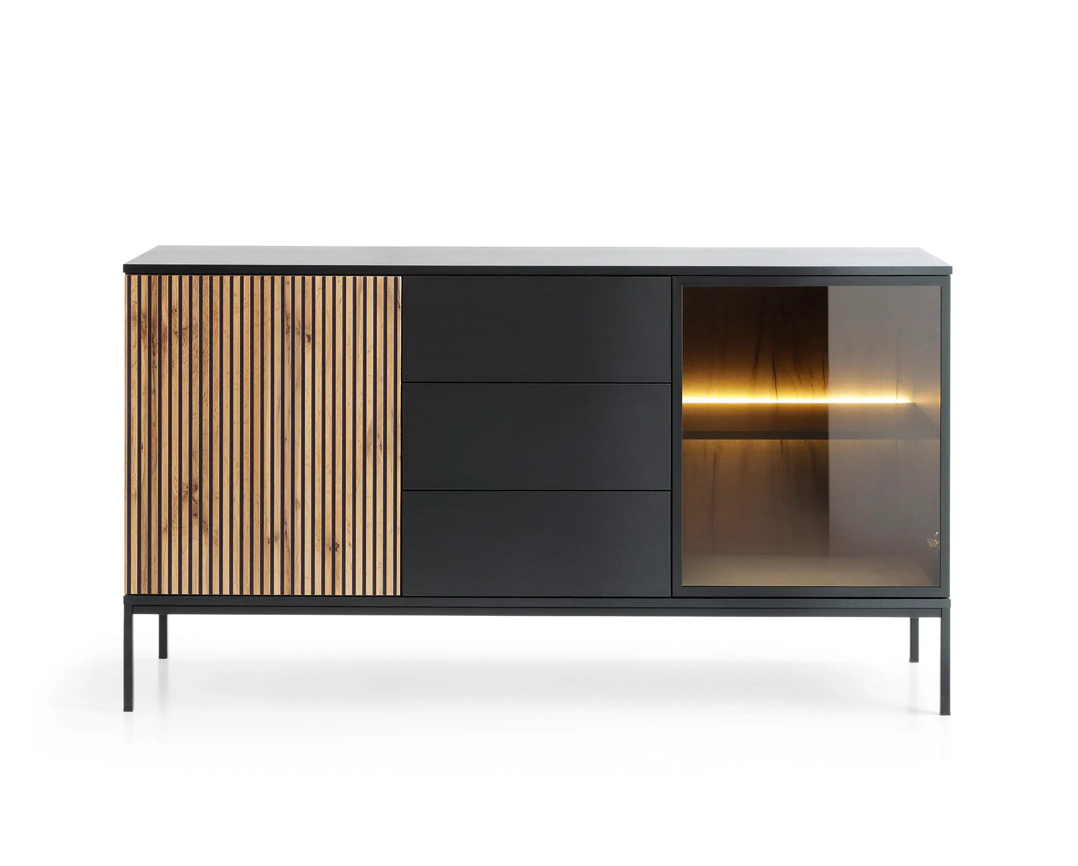 Piaski Komoda Sento s LED osvětlením 154 cm dub wotan/černá