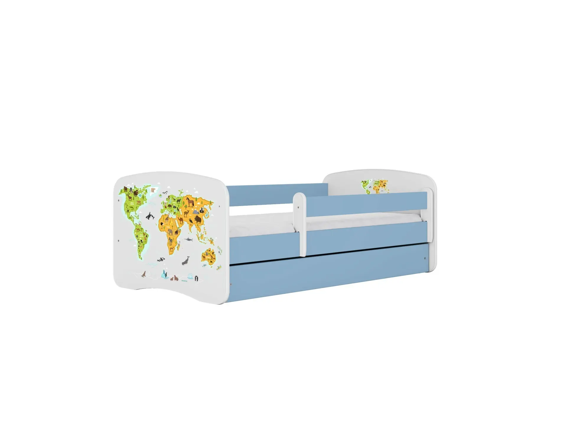 Kocot kids Dětská postel Babydreams mapa světa modrá, varianta 70x140, se šuplíky, s matrací