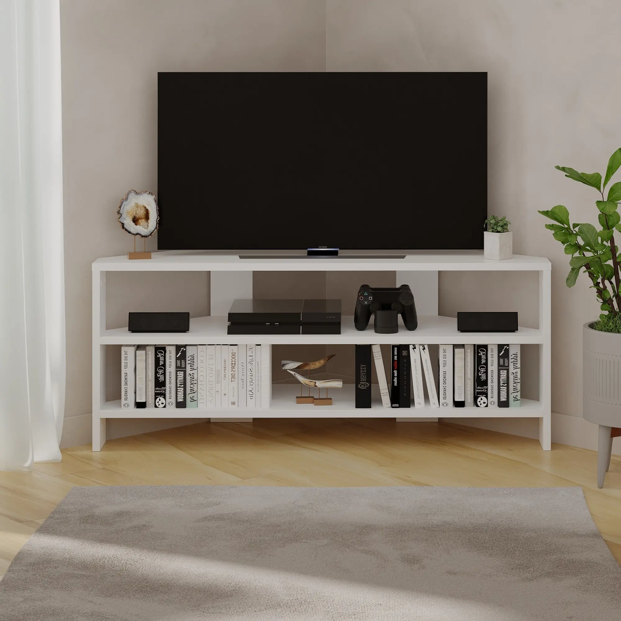 Rohový TV stolek Houseland Thales bílý