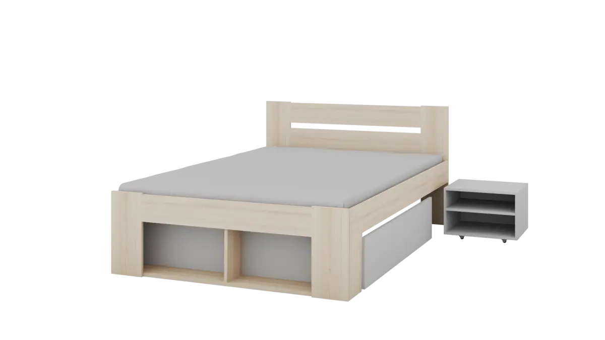 Szynaka Dvoulůžková postel Ryga 08 140x200 s nočními stolky a zásuvkami dub Riva/šedá