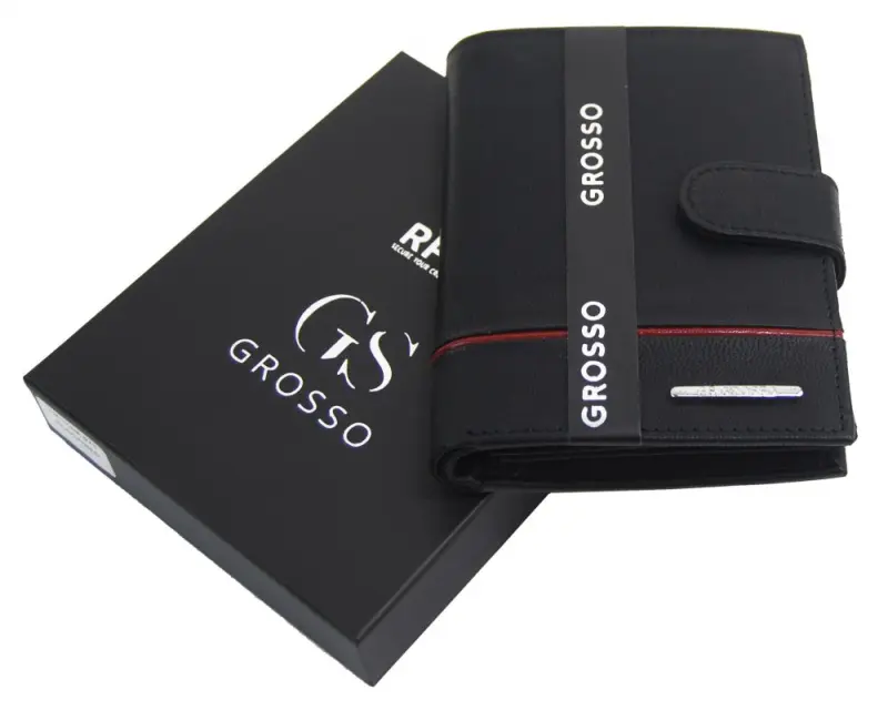 GROSSO Kožená pánská peněženka černá-červená RFID se zápinkou v krabičce