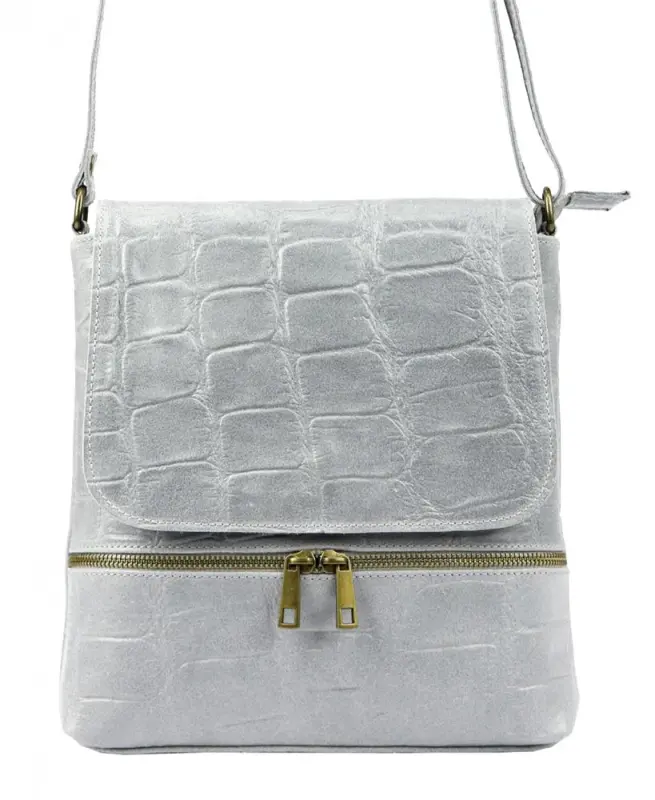 Kožená dámská crossbody kabelka v kroko designu světle šedá