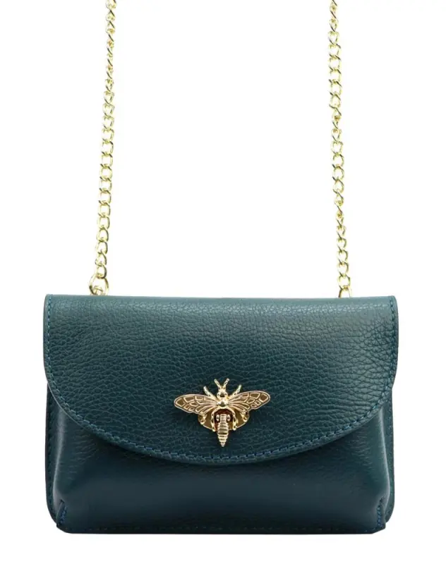 Kožená malá dámská crossbody kabelka na řetízku petrolejová modrá