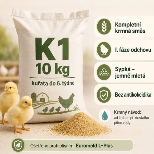 K1 10 kg – kompletní krmná směs pro kuřata do 6. týdne