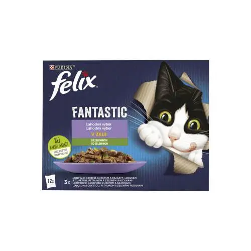 Felix Fantastic hovězí s mrkví kuře s rajčaty losos s cuketou pstruh se zelenými fazolkami v želé 12 x 85 g