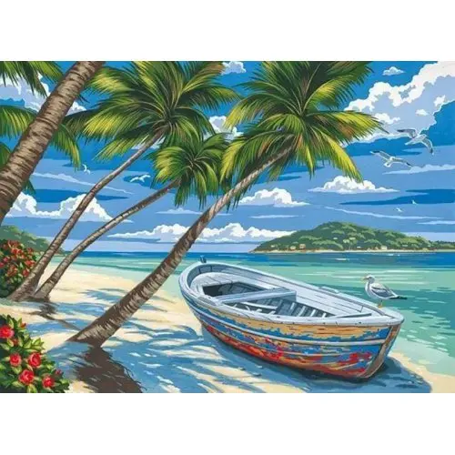 Figured ART Malování podle čísel - LOĎKA POD KOKOSOVÝMI PALMAMI  na rámu 40 x 50 cm
