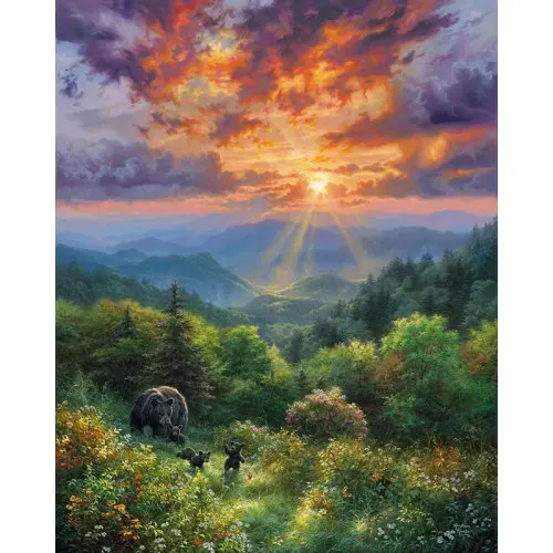 Figured ART Malování podle čísel - MEDVĚD A ZÁPAD SLUNCE  na rámu 40 x 50 cm