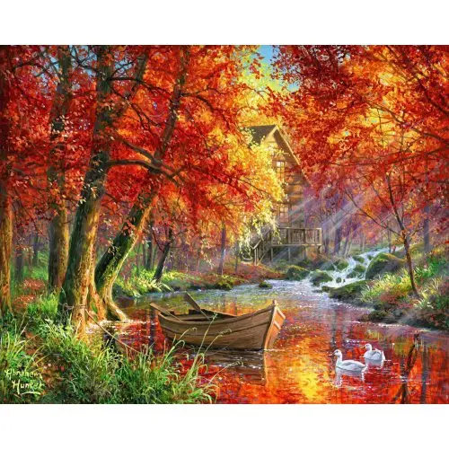 Figured ART Malování podle čísel - PODZIMNÍ ŘEKA A LOĎ  na rámu 40 x 50 cm