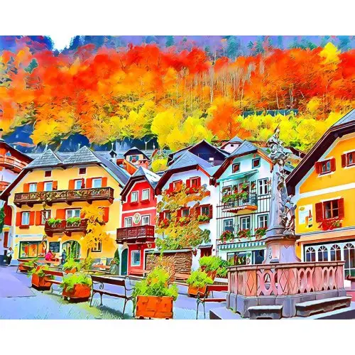 Figured ART Diamantové malování - BAREVNÁ EVROPSKÁ VESNICE NA PODZIM na rámu 40 x 50 cm