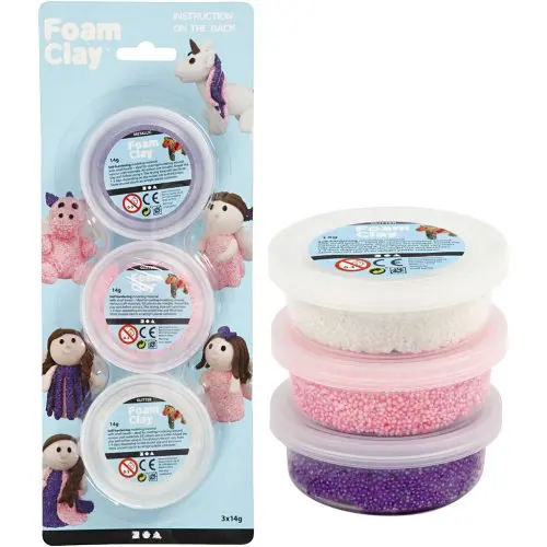 Creative Samotvrdnoucí modelovací pěnová kuličková hmota Foam Clay SADA - BÍLÁ, GLITTER RŮŽOVÁ, METALICKÁ FIA
