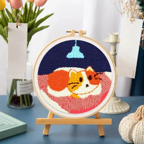 Figured ART Vyšívání dutou jehlou sada - KOČKA V POSTELI 20x20 cm kulatý rám