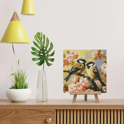 Figured ART Mini diamantové malování - DVA PTÁČCI NA KVETOUCÍ VĚTVIČCE bez rámu 25 x 25 cm