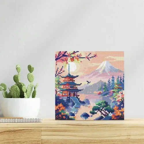 Figured ART Mini diamantové malování - PAGODA POD HOROU FUJI na rámu 25 x 25cm