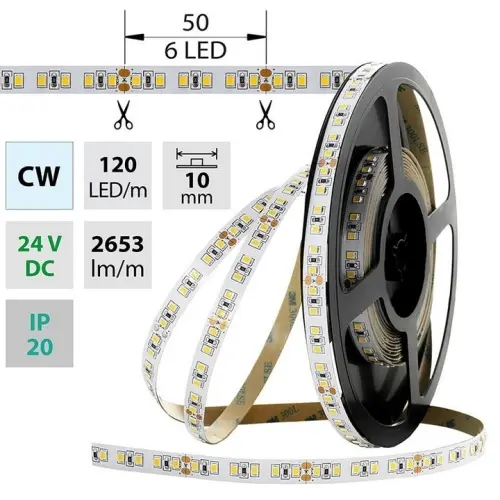 LED pásek McLED 24V studená bílá š=10mm IP20 28,8W/m 120LED/m SMD2835 ML-126.705.60.0