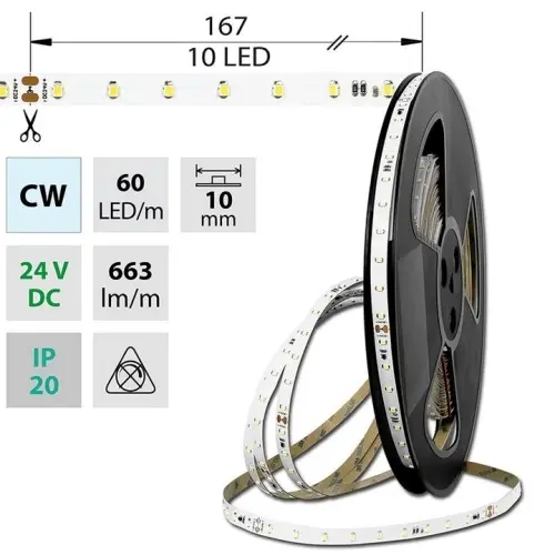 LED pásek McLED 24V studená bílá š=10mm IP20 6,5W/m 60LED/m SMD2835 ML-126.801.60.8