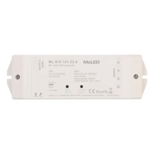 Přijímač řízení jasu RGBW McLED ML-910.141.22.0 RF a Wifi CCT 4 kanály 4x5A 12-36V