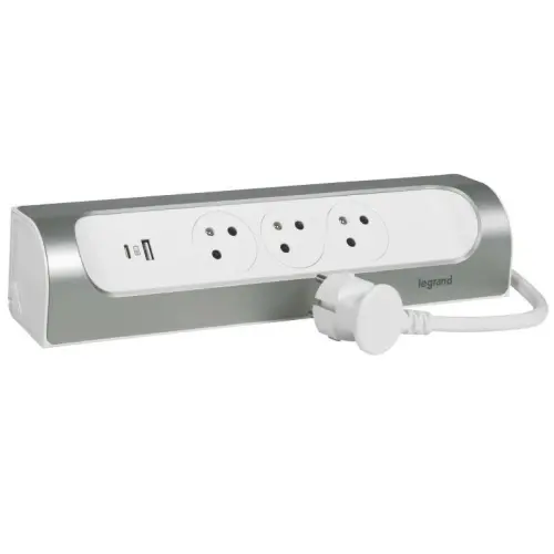 Legrand prodlužovací kabel 1 m / 3 zásuvky / s USB / hliník-bílá / PVC / 1,5 mm2